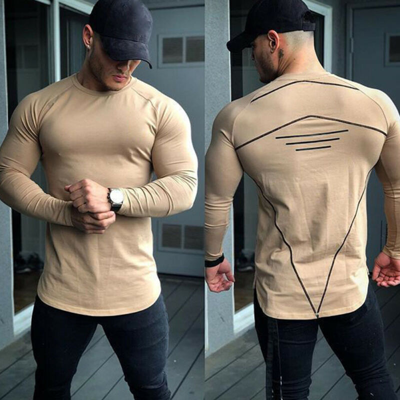 Mens Bodybuilding Long Sleeve Pullover T-shirt Gym Workout
