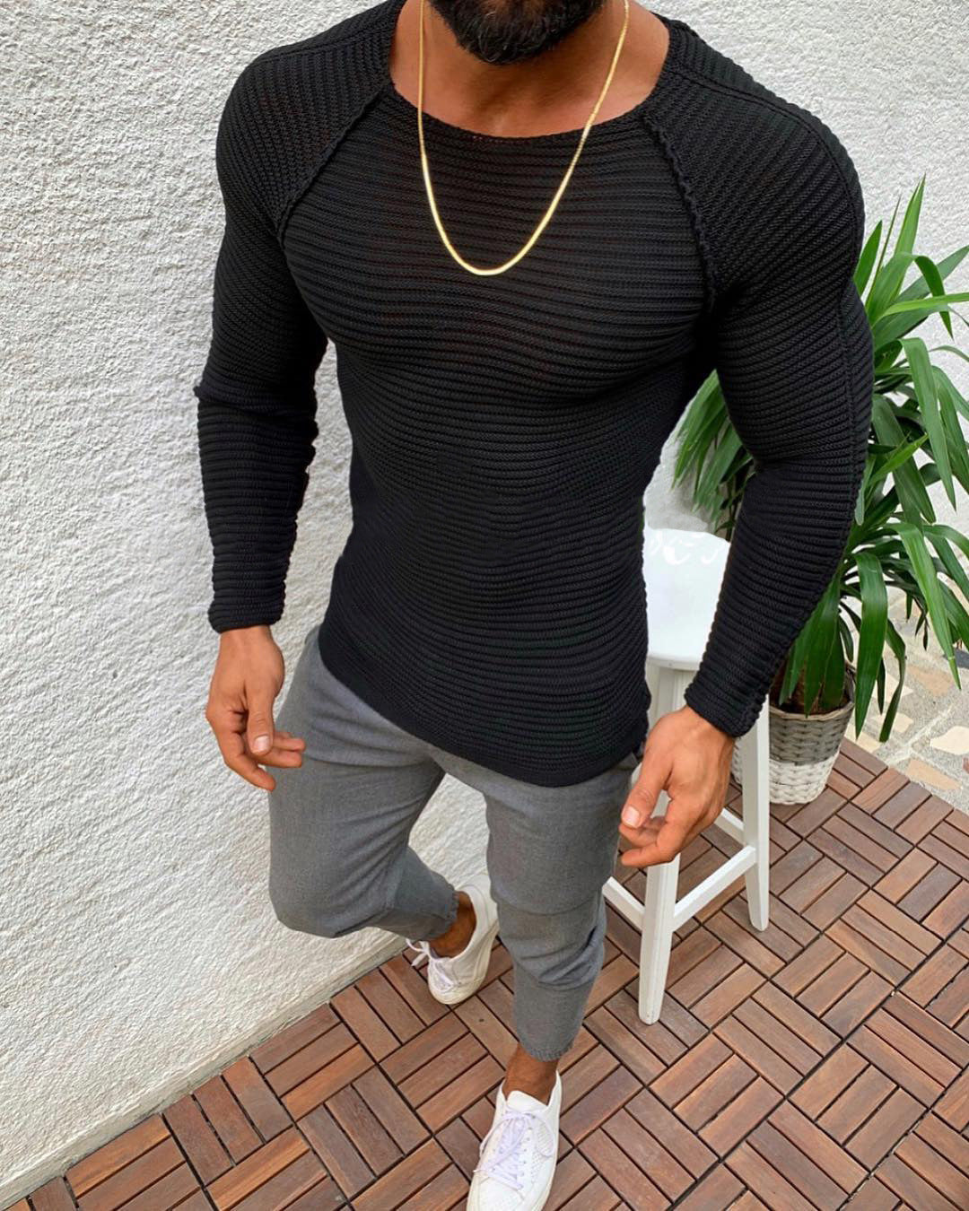 Men's Slim-fit Long-sleeve Round Neck Pullover Sweater Tee